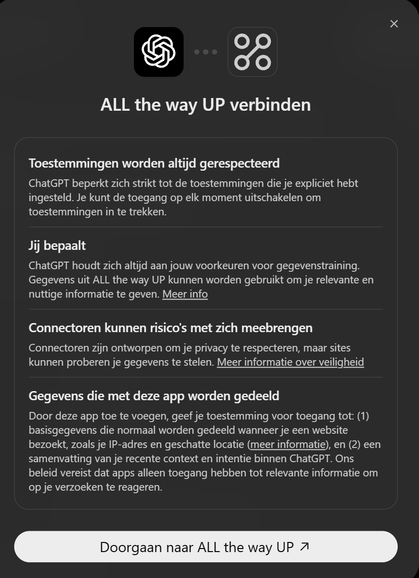 Het scherm ALL the way UP verbinden in ChatGPT, met uitleg over toestemmingen en onderaan de knop Doorgaan naar ALL the way UP.