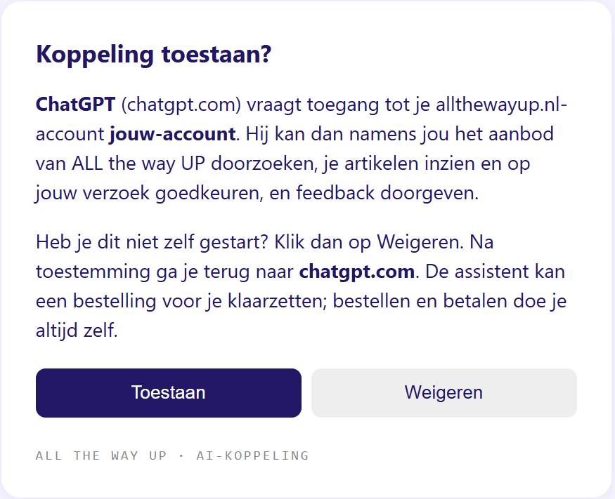 Het scherm Koppeling toestaan? van ALL the way UP, met de knoppen Toestaan en Weigeren.