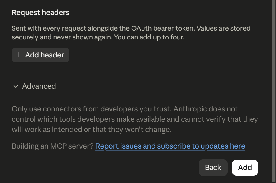 Onderin het scherm: Request headers blijft leeg, en rechtsonder staan de knoppen Back en Add.