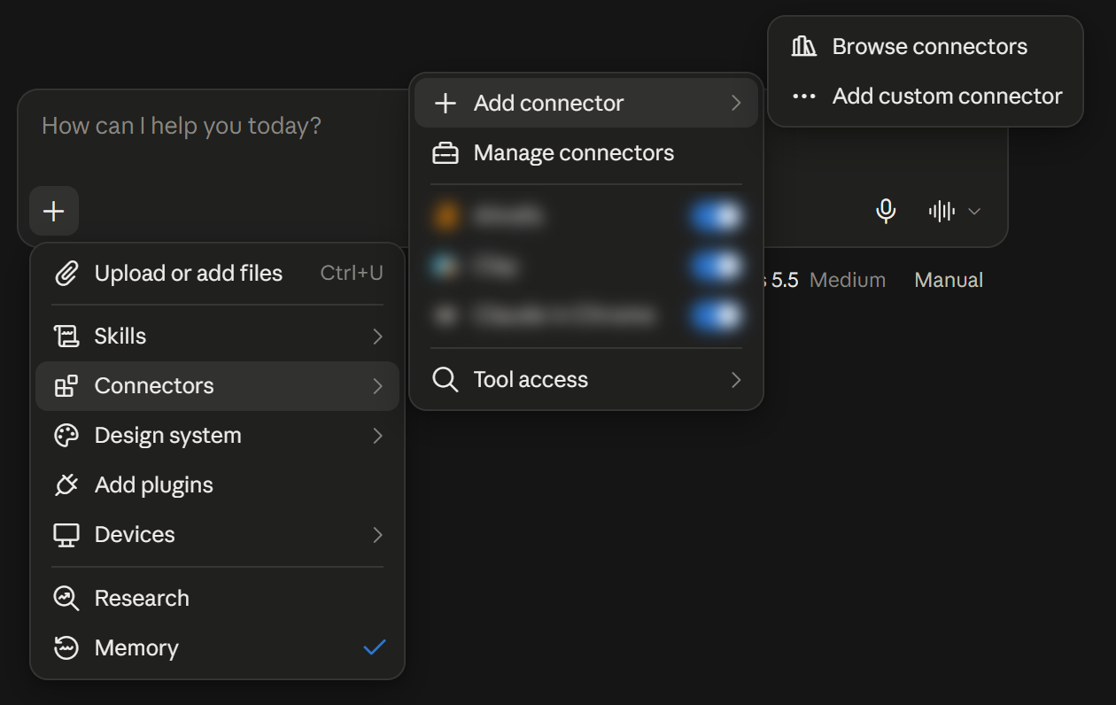 Het menu in Claude: klik op de plusknop, dan Connectors, dan Add connector, en dan Add custom connector.